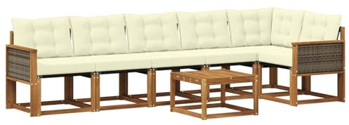 vidaXL Outdoor-Sofagarnitur mit Kissen 7 pcs Natur und Creme, Garten, modernes Sofa-Set, langlebige Möbel für draußen, stilvolle Lounge, entspannen am Pool
