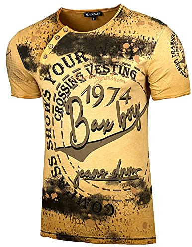 Baxboy Herren Verwaschen Vintage Used Look Rundhals T-Shirt Kurzarm Hemd Slim Fit Design Fashion B-145, Farbe:Camel, Größe:M