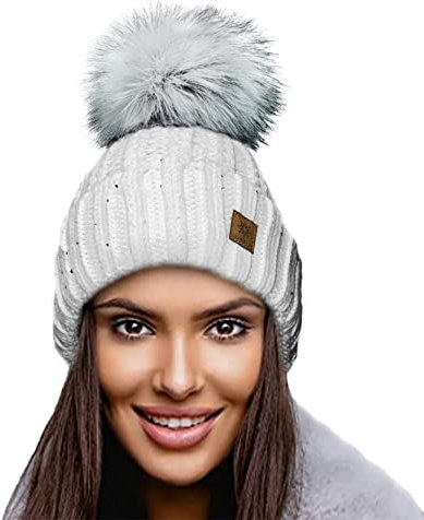 4sold Damen Wurm Winter Style Beanie Strickmütze Mütze mit Fellbommel Bommelmütze Hat Ski Snowboard Pelz Bommel Pompon Kreis Kleine Kristalle Crystals (Weiß)