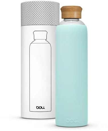 Doli Trinkflasche Glas mit Silikonhülle 1L Mint - Ideal für Heißes & Kohlensäurehaltige Getränke - Absolut dicht - Spülmaschinenfest - BPA-frei