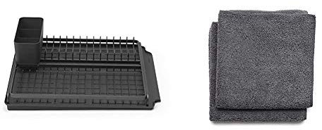 Brabantia Escurreplatos, Gris Oscuro, 49.2 x 38.6 x 14.2 cm + Paños de Cocina de Microfibra, Gris Oscuro, Set de 2