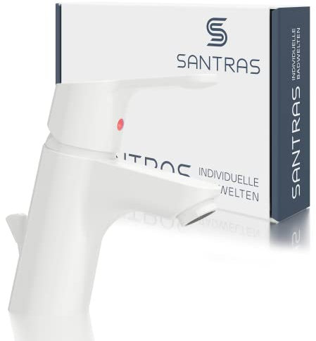 SANTRAS® Waschtischarmatur für das Bad mit Zugstange in Weiß (RAL 9003) – Einhebel-Mischarmatur warm kalt für ein Loch Waschbecken Wasserhahn MADE IN GERMANY