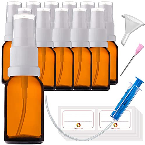 HandsUnity 10ml-12 piezas de Botella de Vidrio Rociador - Botellas de Vidrio Ámbar de Farmacia con Botella de Aerosol de Vidrio Atomizador Blanco Hecha de Vidrio Marrón que incluye 29 Accesorios
