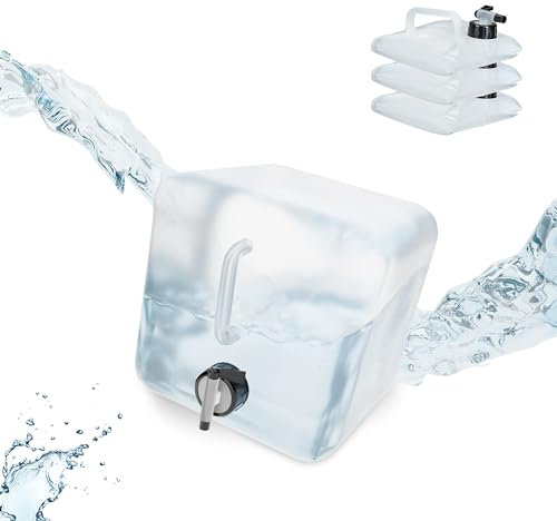 Relaxdays Pack 4 Bidones Plegables, Garrafas Agua Cuadradas, Grifo y Asa, Volumen 5 L, sin BPA, Transparente y Negro, Gomaespuma
