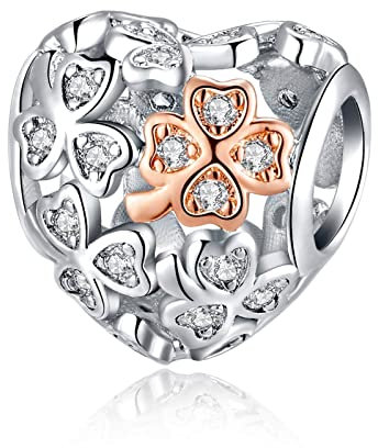 Alstiva Vierblättrige Blatt-Herz Charm 925 Sterling Silber 5A Zirkonia Charm Anhänger für Armband Charm Bead Pendant für Europäische Armbänder Halsketten Schmuck Geschenk für Damen Frauen