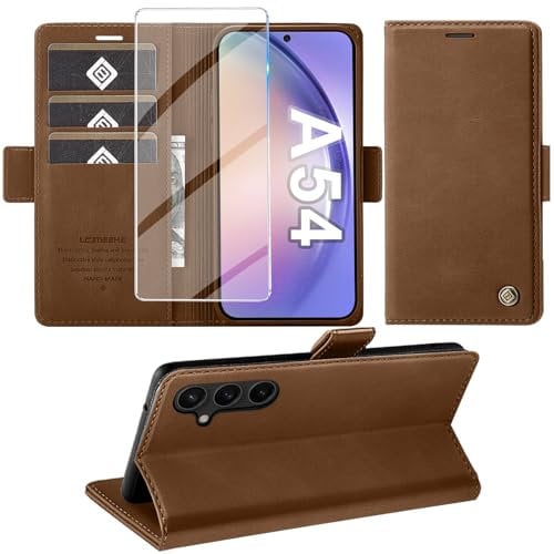 Giyer Handyhülle für Samsung Galaxy A54 5G Hülle mit Schutzfolie, Standfunktion Kartenfach Wallet Premium Leder Schutzhülle A54 5G Flip Case Cover Stoßfeste Klapphülle A54 5G 6.4 Zoll (braun)