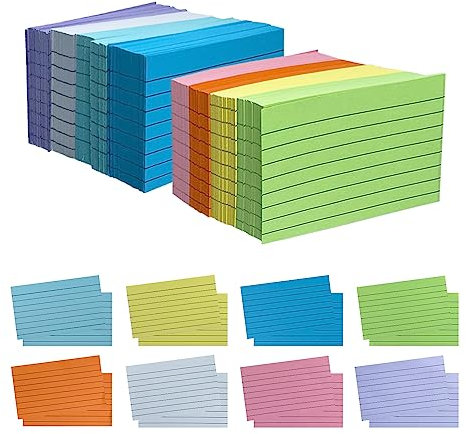 TFLFL Karteikarten, 7,6 x 12,7 cm, 1200 Stück Karteikarten, 8 Farben, liniert, farbige Karteikarten, dünne Notizkarten, Papier, Lernkarte, Memo-Kratzpad für Zuhause, Büro, Schule, Präsentation