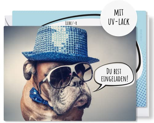 Generisch 12x EINLADUNGSKARTEN + passende Umschläge für Jungen & Mädchen Kindergeburtstag - lustige Karten mit Hunde Motiv