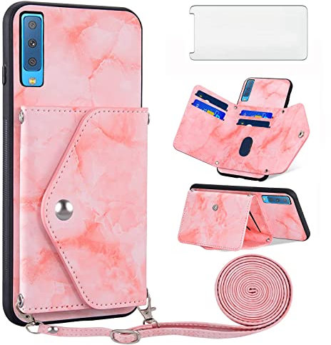 Asuwish Handyhülle für Samsung Galaxy A7 2018 Hülle mit Band und Glas Folie Schutzfolie Kartenfach Klappbar Kette Leder Geldbörse Ständer SM-A750FN/DS A750FN Handy Hüllen Schutzhülle Phone Case Rosa