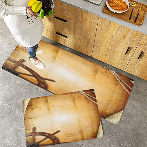 Küchenteppich Teppich Läufer Küchenläufer 2 Stück,Schiffsrad-Illustration des Lenkrads auf altem antikem Papier Historische reisende maritime Kuns,Rutschfest waschbar für Flur Küche 40x60 cm+40x120 cm