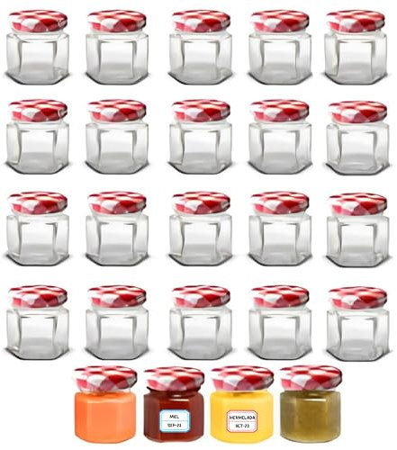 Awiku Lot de 24 petits pots en verre hexagonaux avec couvercle hermétique de 45 ml - Pour miel, confiture, petits pots en verre résistants et étanches - Avec étiquettes