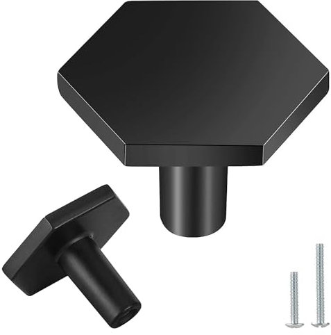 Vandicka 4 Pcs Brass Door Knobs with Matte Black Finish - Brass Cabinet Knobs Drawer Pulls – Hexagon Door Handles for Kitchen Cupboard Dresser Wardrobe, 35 * 26 mm