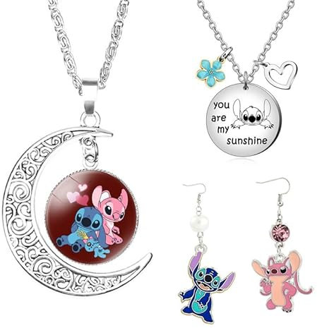 Guidre 3PCS Schmuck Damen Cartoon Anhänger Kette Ohrringe Set Niedlich Silber Cute Earrings Halbmond Anime Halskette Schmuck für Tochter Nichte Enkelin