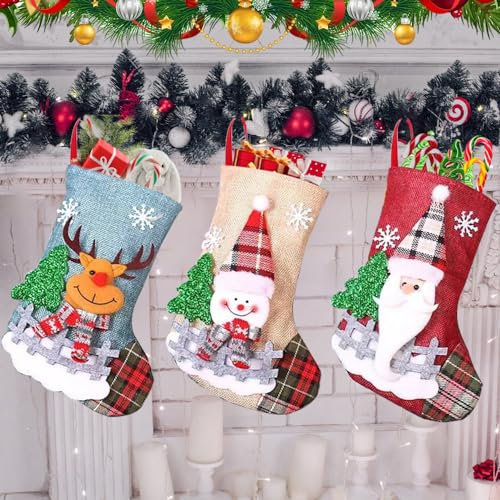 Udbrud 3 Stück Weihnachtsstrumpf, Nikolausstiefel Nikolausstrumpf Nikolaus Strumpf zum Befüllen und Aufhängen Nikolaussocken Weihnachtssocken Geschenktüte Hängende für Kamin, Treppe, Weihnachtsbaum