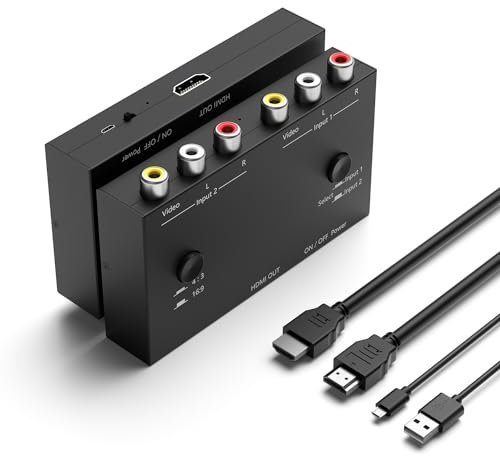 Convertidor de 2 AV a HDMI, 1080P/720P 2 puertos RCA compuesto CVBS AV interruptor a HDMI convertidor adaptador compatible con conmutación 4:3/16:9, para TV PC, PS2, PS3, N64, NGC, SNES, WII, VHS,