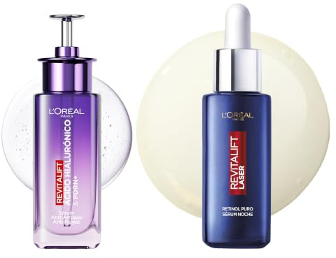 L'Oréal Paris Routine Tag und Nacht Anti-Falten-Serum mit Hyaluronsäure, Peptiden, spendet Feuchtigkeit, hellt und auffüllt + Laserserum mit Retinol, Anti-Aging und Anti-Falten, inspiriert von