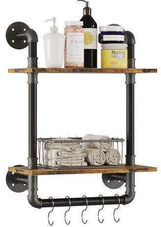 Gall&Zick 2-stufiges Rohrregal Rustikales Holz, Industrial Wandhalterungs-Bücherregal, 40cm Metall Handtuch Rack Badezimmer-Regale
