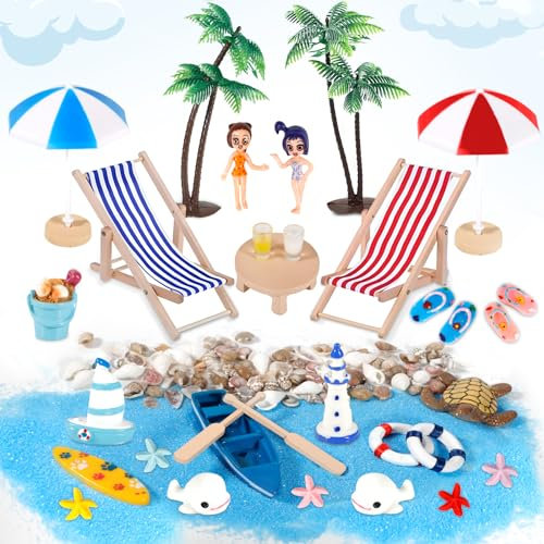 POWZOO 42 Pièces Mini Décorations Plage, Miniature de Plage pour Décoration De Plage D'océan,Sable Bleu,adorables Filles,Bateau, rames, cocotiers Petits Accessoires Décoration Palmier.