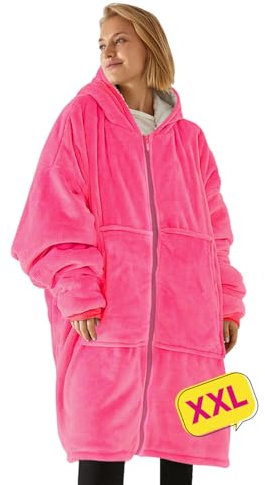 Coperta con cappuccio XXL - Plaid con maniche, Coperta indossabile in pile, Felpa oversize donna, Blanket hoodie - Confortevole e morbido - Perfetto per le notti invernali sul divano (Rose zipper XXL)