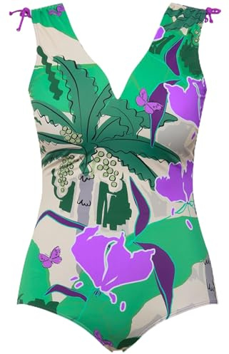 Ulla Popken Damen große Größen Übergrößen Plus Size Badeanzug, Palme, Softcups, Schulter-Raffband, recycelt 826432