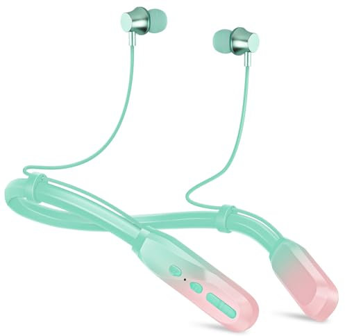 Lecefty Neckband Bluetooth Headphones, 200H Extra Long Playtime Wireless Stereo Neckband Earbuds with Microphone, Waterproof Balanced Armature Drivers in Ear Headset for Sports/Workout (Pink Green)
