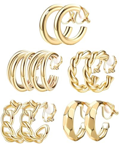 KGDUYC 5 Paare Gold Ohrclips für Damen - Gold Chunky Creolen Set Clip Ohrringe Ohne Ohrlöcher Hypoallergen Modeschmuck Geschenk,Geeignet für Partys, Abschlussfeiern usw