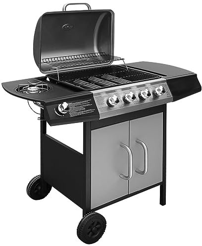 IKAYAA Barbecue e Griglia a Gas 4+1Barbecue a Gas con 4 Fuochi Multifunzione Completo di Bruciatore Laterale Coperchio, Termometro, Griglia in Ghisa, Ruote E Struttura-Nero e Argento-Tipo 1