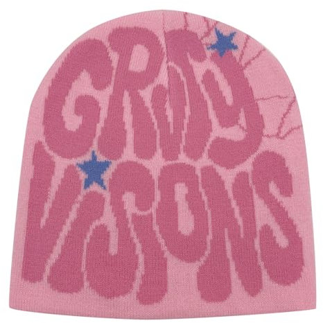 Bonnet Y2K pour femme - Avec lettres imprimées - Hip Hop - Chaud et douillet - Bonnets d'hiver - Taille unique - Coulissant