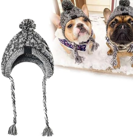 Strickmütze für kleine und mittelgroße Hunde und Katzen, französische Bulldogge, warme Wintermütze, Winter-Strickmütze für Hunde, winddicht, Kopfbedeckung für den Winter (Grau, L)