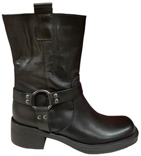 Divine Follie DFI 103 Pelle Nero Stivaletti Stivali a Punta Quadra Donna da Infilare Texani Bikers Tacco Largo 5 cm Borchie Anello Laterale (39)