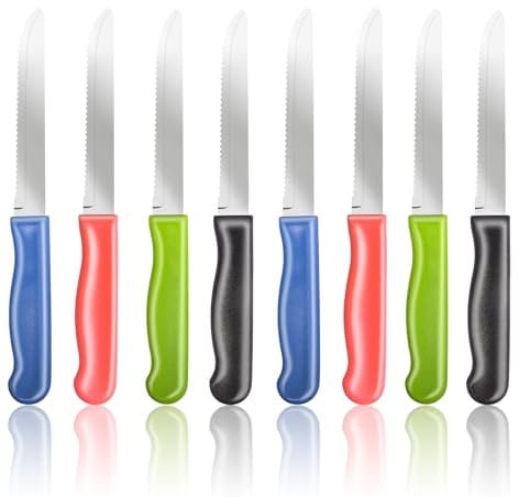XIKAYA Set di 8 Coltelli da Cucina e da Tavola, Acciaio Inox Colorato - Multiuso per Colazione, Bistecca, Pane, Pomodoro (Incluso Seghettato e Affettatore)