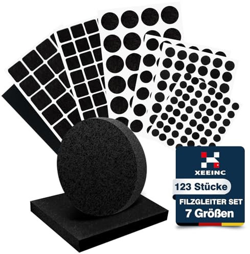 XEEINC Filzgleiter Selbstklebend 123 Stück - Filzgleiter für Stühle mit 7 Größen - 3mm Dicke Möbelgleiter Filz selbstklebend für Stühle Bodenschutz - mit Idealer Klebkraft - Schwarz