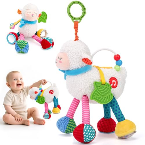 hahaland Jouet Sensoriel Bebe 0-3 Mois - Jouet Poussette Bebe mit 4 Musique, Peluche Hochet Bebe Anneau de Dentition & Miroir, Montessori Cadeau Naissance Fille Garcon 0 3 6 12 Mois