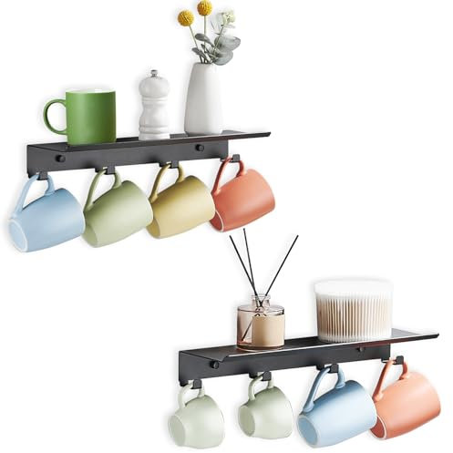 SIMVE Mug Holder Wall Mounted, Set of 2 Tea Cup Rack, Floating Shelf with 4 Hooks for Coffee Bar Accessories, Kitchen Office Home Storage Decor Display Collection Organizer, Metal Hanging Hanger