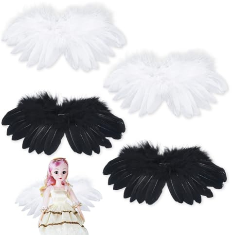 AHANDMAKER 4 Stück Mini Engel Flügel Für Handwerk Schwarz Und Weiß Feder Engel Flügel Weiche Flauschige Flügelchen Für Weihnachtsbaum Deko Selbstgemachte Ornamente Kuscheltiere Dekoration 9x19x0.6cm