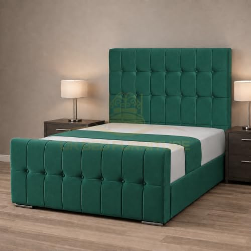 Orlando Upholstered Bed Frame | Elegant Plush Velvet Headboard & Footboard | Optional Gas Lift Storage & Mattress (Green, 6FT Super King No Storage Slat Base - No Mattress)