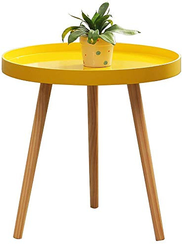 CRBUDY Gelber Kleiner runder Wohnzimmertisch aus Massivholz, Mini-Eck-Beistelltische, Mini-Teetisch, Vase, TV-Dinner, Zeitschriftentisch, Betttisch, Tablett