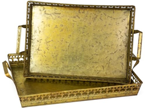 2er Set Dekotabletts aus Metall Antik Gold rechteckig mit Griffen - Serviertablett Vintage-Stil 45×28,5×9 cm & 41×25×9 cm - Deko Tablett Shabby Chic Metalloptik