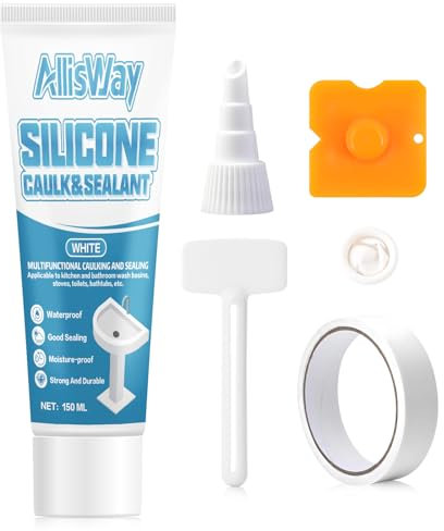 AllisWay Joint Silicone Blanc Salle de Bain, Mastic Silicone Bain & Cuisine, Joint Salle de bain blanc, silicone salle de bain avec Ensemble D'outils Complet Liaison Solide, Bonne ÉtanchéIté, 150ml