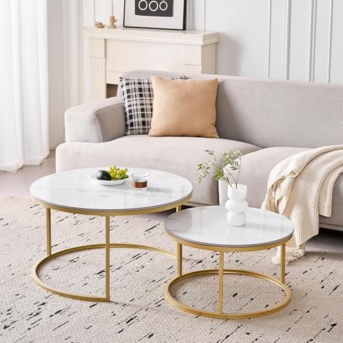 DEYARNA HOME Runden Couchtisch 2er Set, Moderne Satztische mit Keramikplatte (Keine MDF-Platte), Ideal für Wohnzimmer, Schlafzimmer, Balkon und Büro (Weiß+Gold), 60+80cm