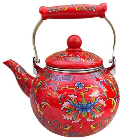 DFGHNBVC Bollitore Fischiante, Bollitore, Teiera da Fornello, Bollitore Vintage, Teiera Smaltata Floreale, Teiera per Acqua Calda, Caffettiera con Manico, Bollitore da tè, Rosso, 2,2 Litri