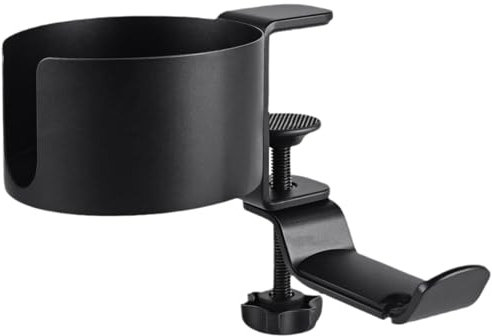 Clip-On 360-Degree Rotating Cup Holder for Desk, Anti-Spill Stand with Headphone Hanger Clamp
