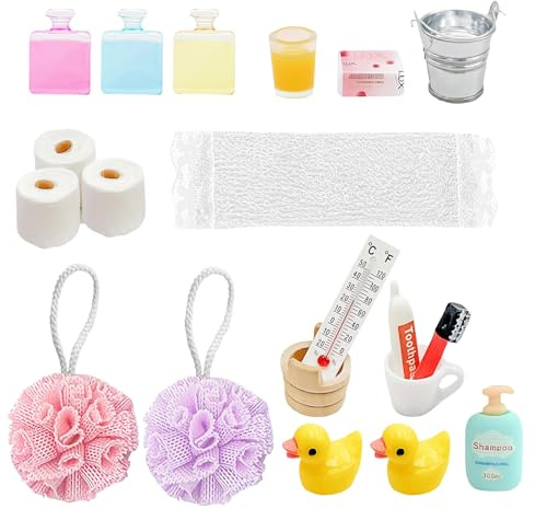 Wichtel Zubehör, 20-teiliges Wichtel Zubehör Set Badezimmer – Mini Puppenhaus Zubehör für Wichteltür & Weihnachten, Miniatur Zubehörs für Kinder, 1:12 Puppenhaus Deko mit Zahnbürste, Ente & mehr