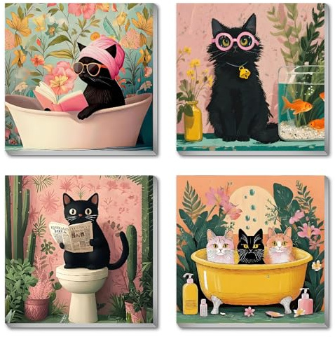 BEAYIOU Lot de 4 kits de peinture par numéros de chat pour débutants, chats noirs pour adultes, peinture par numéros sur toile encadrée, peintures à faire soi-même pour décoration murale d'intérieur