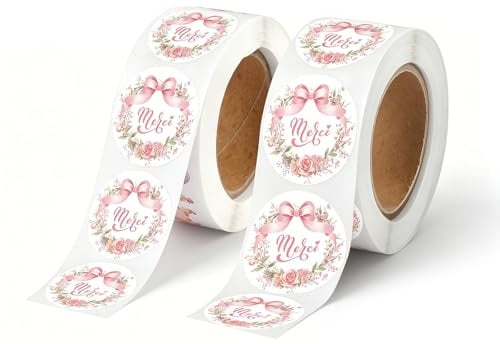 Gemejutor 400 Autocollants « Merci » Français - 2 Rouleaux Étiquettes 3,8cm avec Roses pour Anniversaire, Mariage, Baby Shower, Cadeaux Et Petites Entreprises