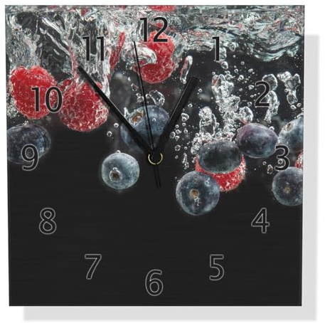 Wallario Design Wanduhr Waldfrüchte im Wasser aus Aluverbund, Alu-Uhr Größe 30 x 30 cm, Schwarze Zeiger mit Metalloptik