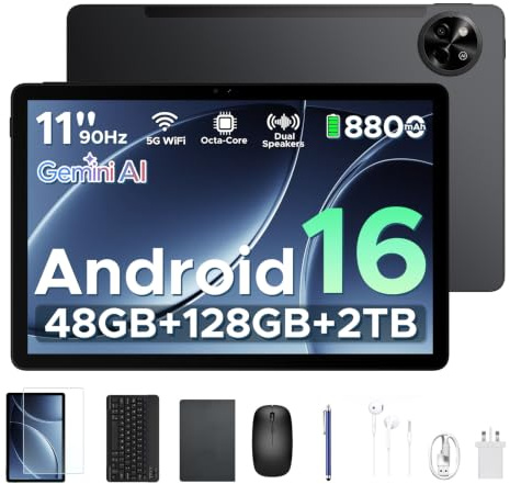 P11 Android 16 Tablet 11 Pulgadas, 48GB RAM + 128GB ROM/2TB TF, T7250 Octa-Core, 90Hz, 8800mAh, 13MP+5MP, Gemini AI, Widevine L1, Face ID, GPS, OTG, Doble altavoz, Tablet con Teclado y Lápiz, Negro