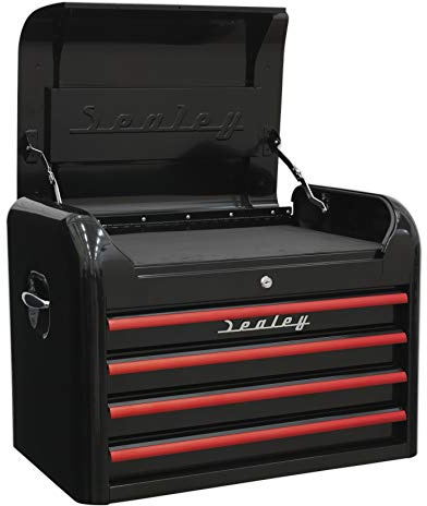 Sealey 4 Drawer Retro/Vintage Style Topchest - Black with Red Anodised Drawer Pulls - AP28104BR