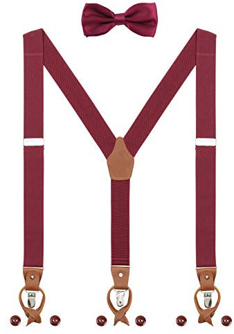 Herren Hosenträger Fliege Set 2 WAY TO WEAR 6 Leder Knopfloch 3 Clips Y-Form 3,5cm Breit Verlängerte Hosenträger für Körpergröße 160-200cm - Bordeaux Rot