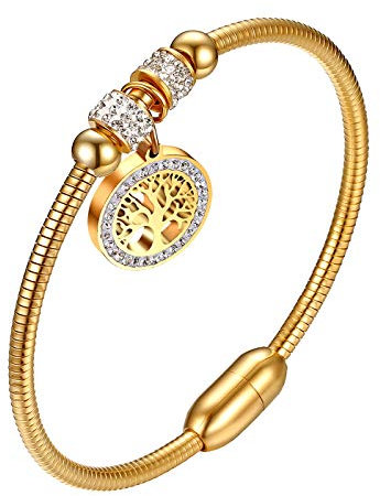 Flongo Damen Armband Frauen Armreif Armkette, Edelstahl Armband Damenarmband Manschette Gold Golden mit Strass Baum des Lebens Tree of Life Lebensbaum Anhänger